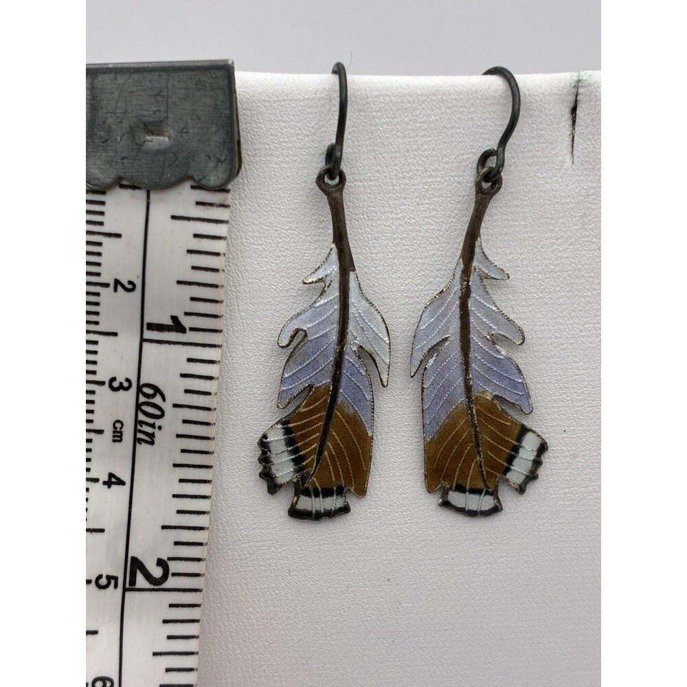 Blue Brown Feather Sterling Silver Hook Pierced Earrings Southwestern Style 1.5” - Picture 4 of 9